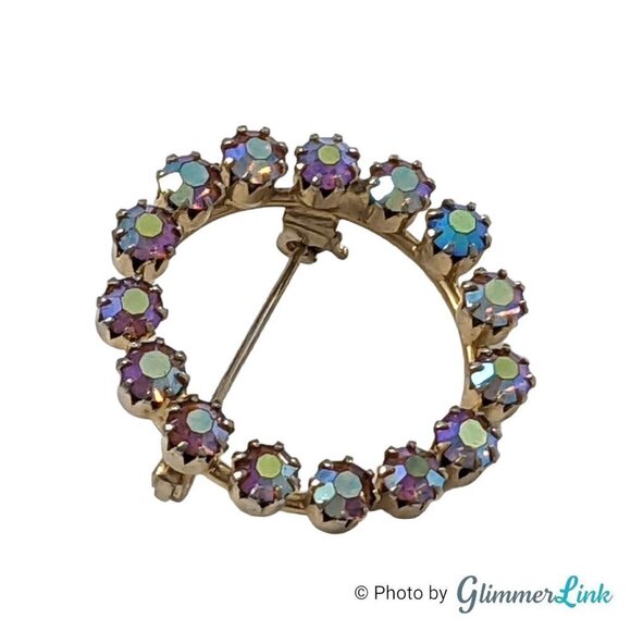Vintage Aurora Borealis AB Rhinestones Infinity Circle Wreath Gold Tone Brooch - Picture 4 of 9